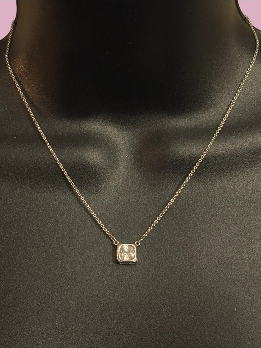 Dainty silver tone bezel set emerald cut pendant necklace